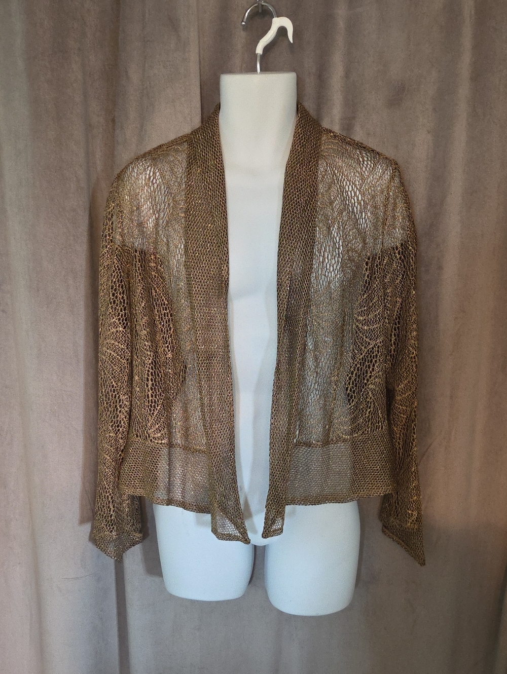 Joseph Ribkoff Size 14 Metallic Bronze Open-Knit Draped Cardigan